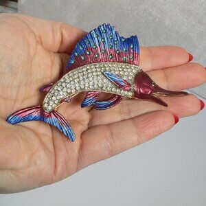 Sailfish Brooch Rhinestone Enamel Fish Pin Large Statement Jewelry